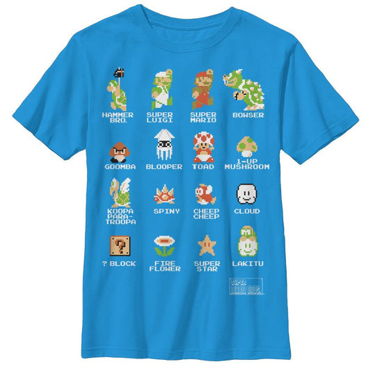 تي شيرت للأولاد من نينتندو سوبر ماريو بروس بيكسل كاست مع الأسماء