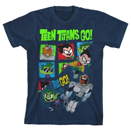 Teen Titans Go Character Grid Character Art Split Image Boy's Navy T-shirt