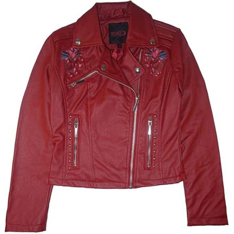 Yoki Big Girls' Floral Embroidered Design PU Faux Leather Jackets