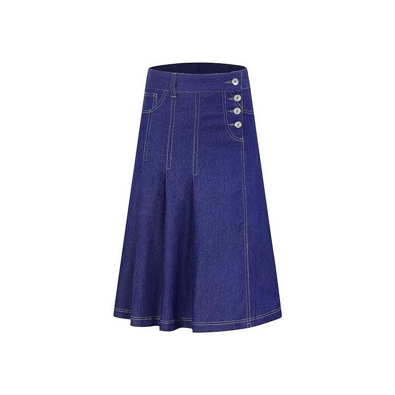 Girls A-Line Denim Midi Skirt Casual Pleated Buttons Over-Knee Skirts with Pocket 3-12Y