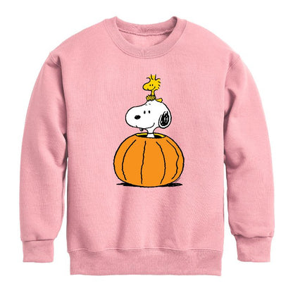 Boys' - Peanuts - Snoopy Woodstock Pumpkin Graphic Long Sleeve Fleece Sweatshirt