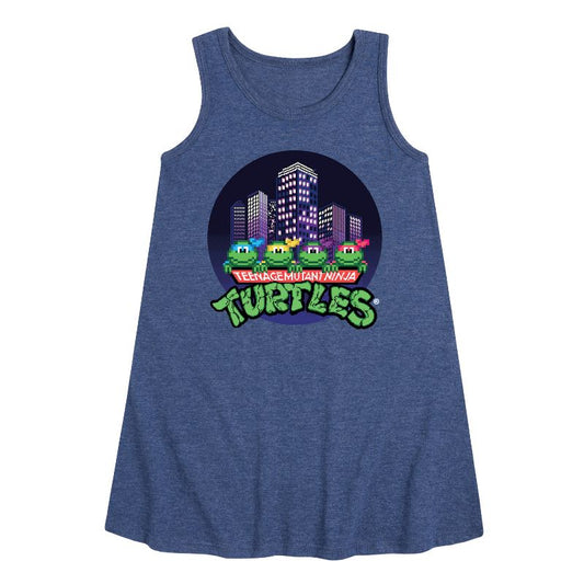 Girls' - Teenage Mutant Ninja Turtles - City Scape With Turtles Graphic Sleeveless Aline Dress