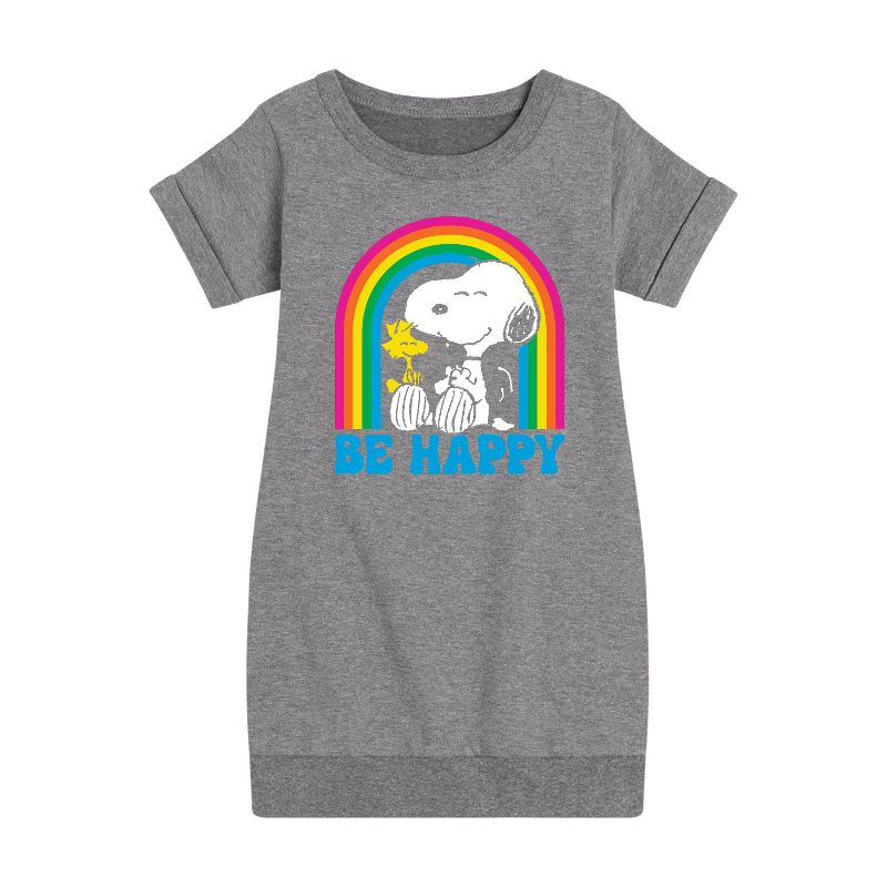 Girls' - Peanuts - Be Happy Rainbow Graphic Short Sleeve Fleece Dress