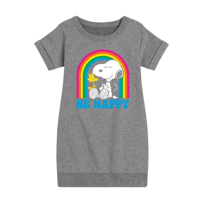 Girls' - Peanuts - Be Happy Rainbow Graphic Short Sleeve Fleece Dress
