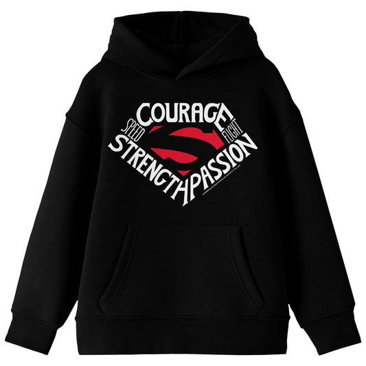 Superman Courage Strength & Passion Distressed Logo Long Sleeve Youth Black Hooded Sweatshirt