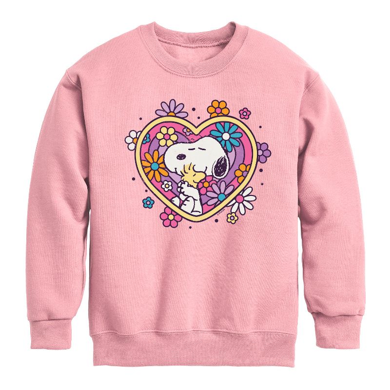Boys' - Peanuts - Hug Heart Flower Graphic Long Sleeve Fleece Sweatshirt
