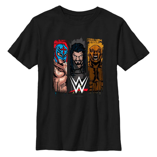 تي شيرت WWE للأولاد يحمل صورة ري ميستيريو ورومان رينز وبوبي لاشلي