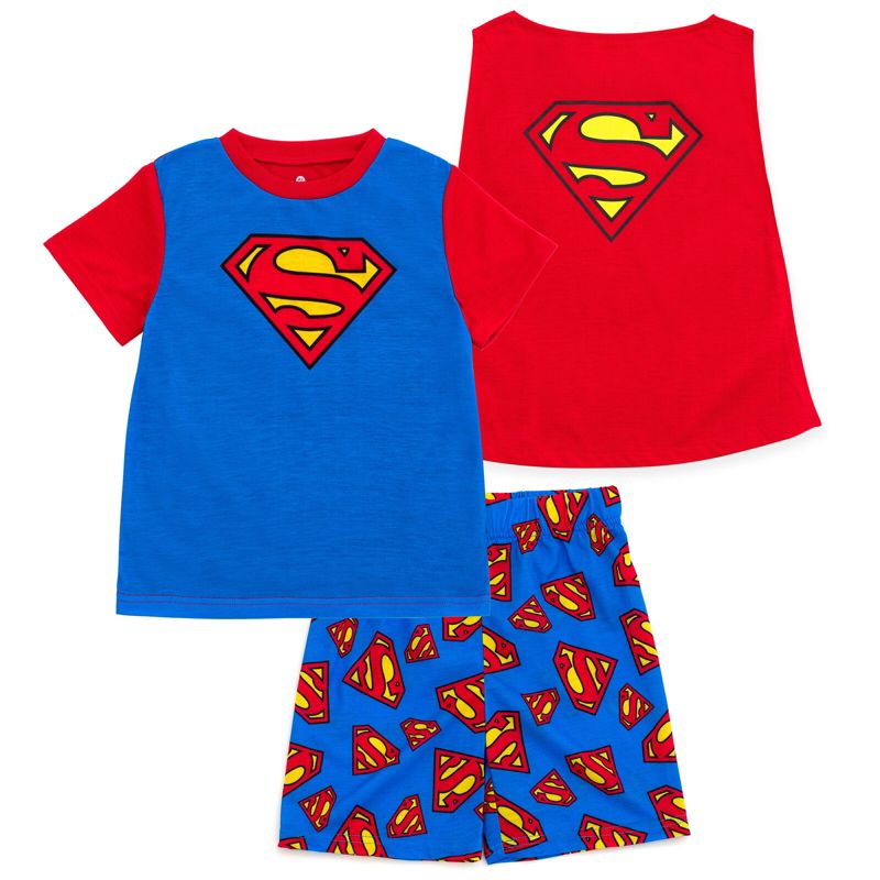 DC Comics Justice League Cosplay Pajama Shirt, Pajama Shorts and Detachable Cape 3 Piece Sleep Set Little Kid to Big Kid
