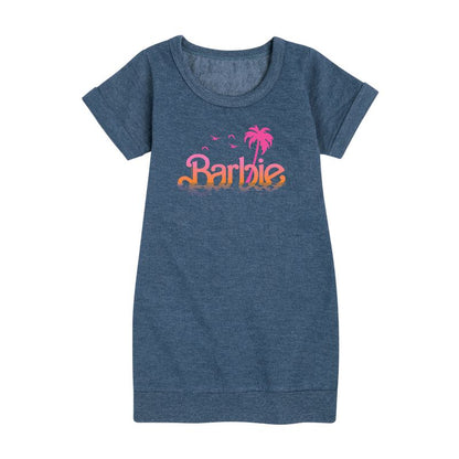 فستان باربي للبنات - فستان من الصوف بأكمام قصيرة برسومات غروب الشمس وأشجار النخيل