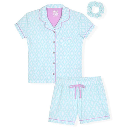 Sleep On It Girls 2-Piece Short-Sleeve Button Down Collared Coat Pajama Set with Matching Scrunchie - Toddler Pajamas to Girls Pajama Sets