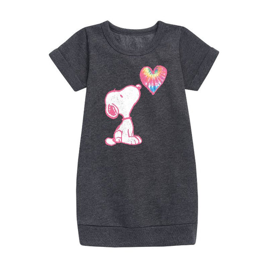 Girls' - Peanuts - Snoopy Pastel Rainbow Heart Graphic Short Sleeve Fleece Dress