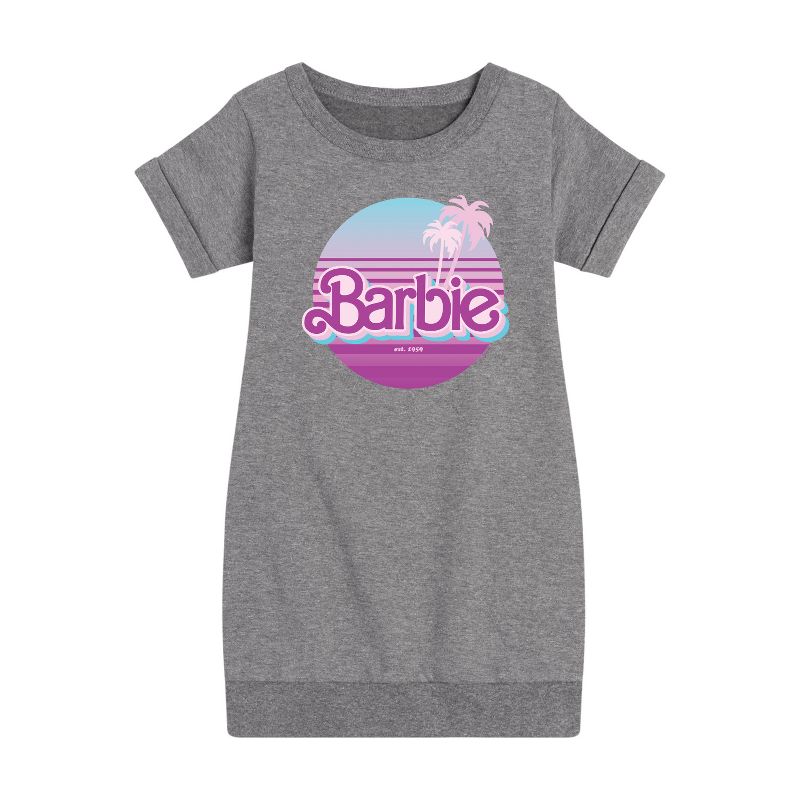 فستان باربي للبنات من الصوف بأكمام قصيرة ورسومات أشجار النخيل