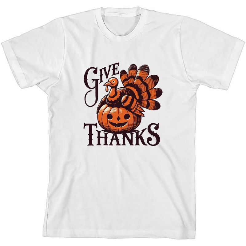 تي شيرت شبابي برقبة دائرية وأكمام قصيرة مطبوع عليه عبارة Give Thanks Turkey &amp; Pumpkin