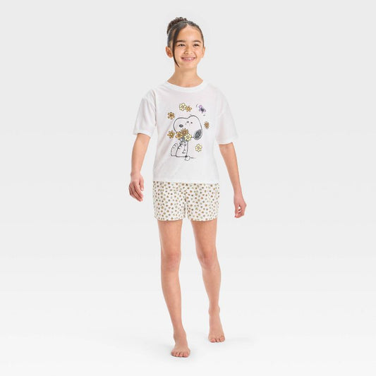 Girls' Snoopy Graphic T-Shirt & Boxer Pajama Set - White