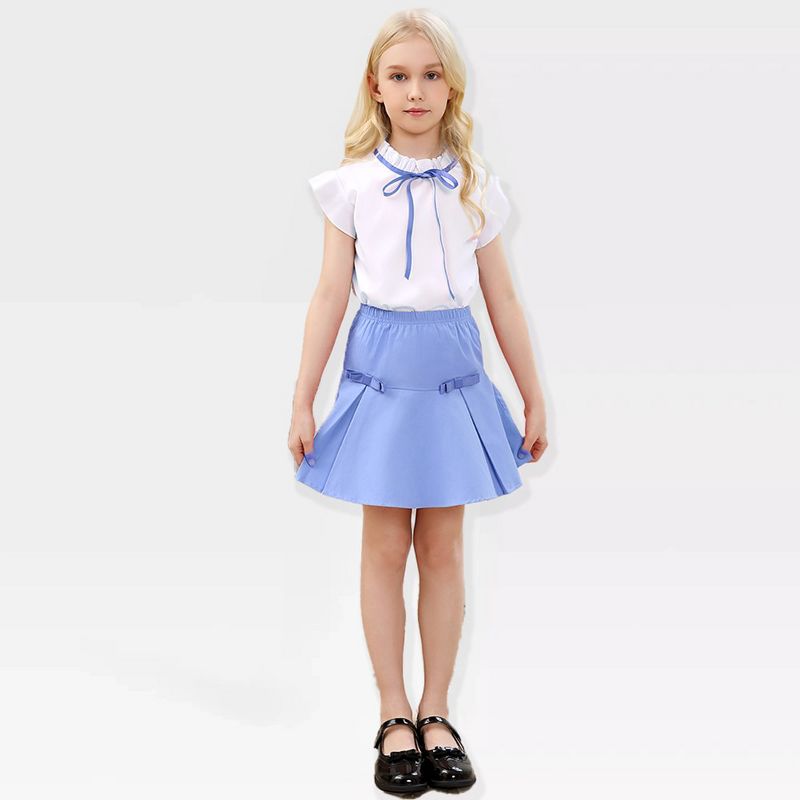 Girls Skirts with Ruffle Sleeve Tops Tie Detail Skirts Ruffled Trim Girls Tops with Pleated Flutter Skirts