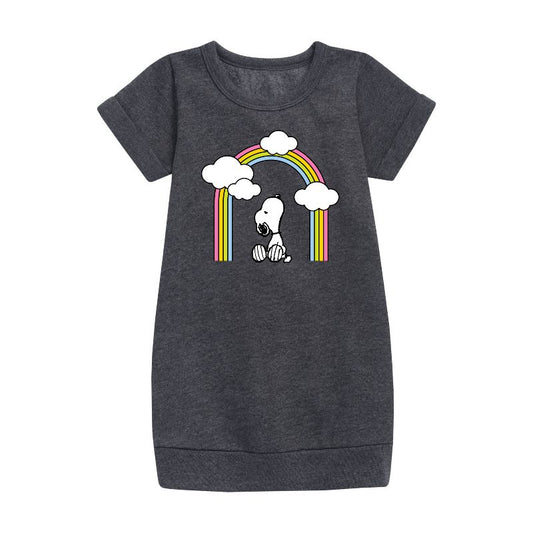 Girls' - Peanuts - Snoopy Looking Up Rainbow Graphic Short Sleeve Fleece Dress