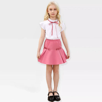 Girls Skirts with Ruffle Sleeve Tops Tie Detail Skirts Ruffled Trim Girls Tops with Pleated Flutter Skirts