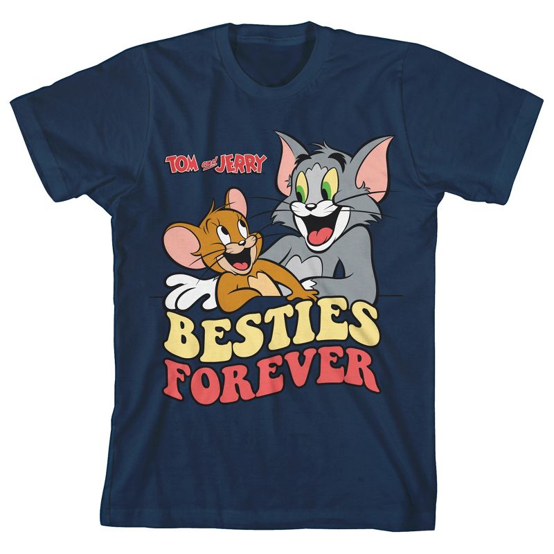 تي شيرت للأولاد أزرق داكن بأكمام قصيرة ورقبة دائرية من Tom &amp; Jerry Besties Forever بنص عتيق