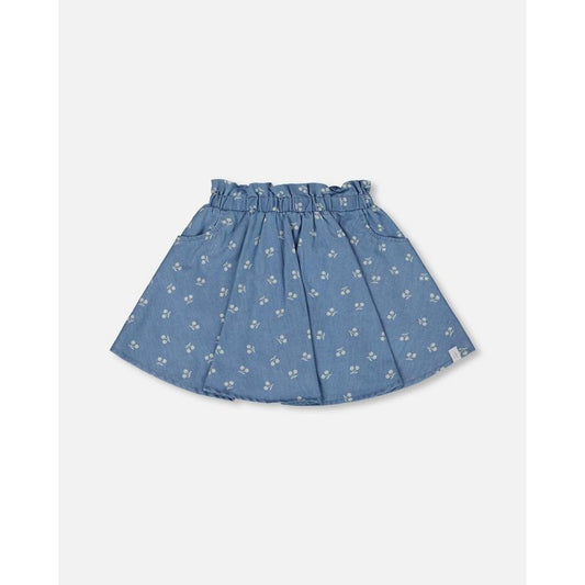 Deux par Deux Girl Printed Chambray Skort Blue and White Cherries