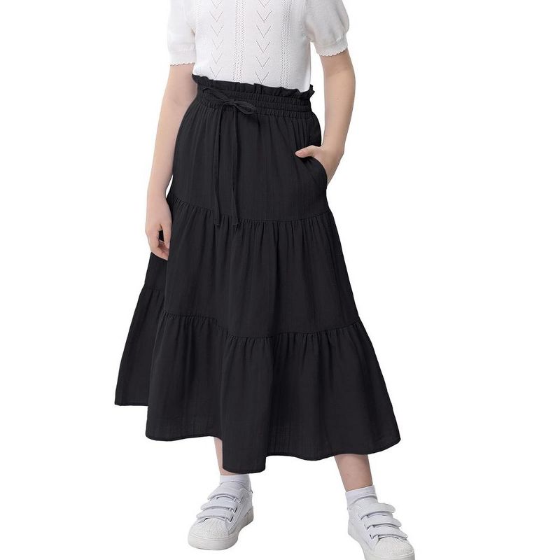 Maxi Skorts Skirt for Girls Button Front Ruffle High Waisted Long Skirts with Belt and Pocket 3-12 Years
