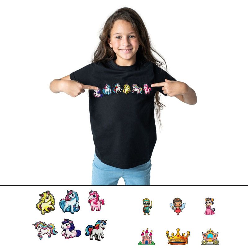 Rabble Kids' Unicorn Fairy Tale Tshirt Bundle – Custom Shirt with 12 Dabblz Velcro Patches