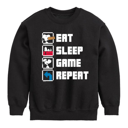 Boys' - Peanuts - Eat Sleep Game Snoopy Graphic Long Sleeve Fleece Sweatshirt