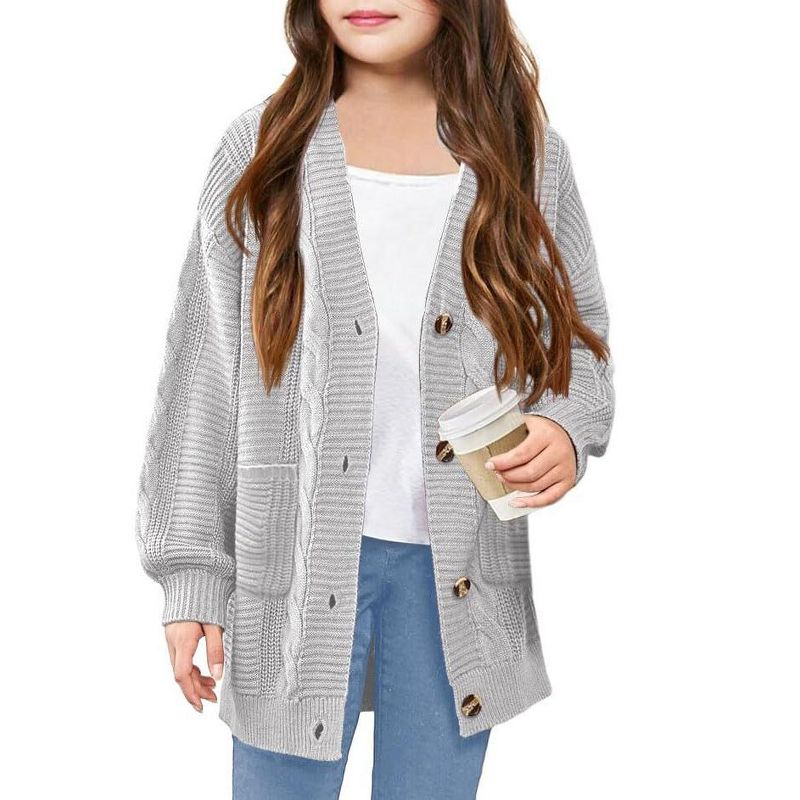 Girls Cable Knit Sweater Cardigan Front Button Cardigan with Side Pockets Above Knee Cardigan for Girls Winter Knitwear