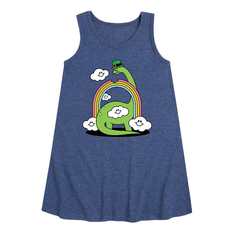 Girls' - Instant Message - St. Patrick's Day Dinosaur Eatting Rainbow Graphic Sleeveless Aline Dress
