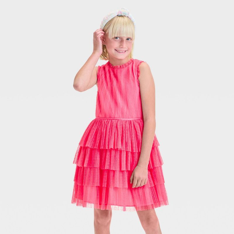 Zenzi Girls' Sleeveless Tiered Ruffle Skirt Dress - Melon Pink