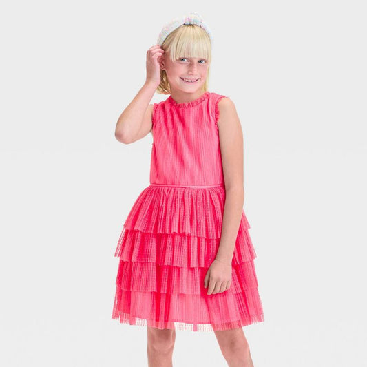 Zenzi Girls' Sleeveless Tiered Ruffle Skirt Dress - Melon Pink