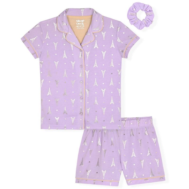 Sleep On It Girls 2-Piece Short-Sleeve Button Down Collared Coat Pajama Set with Matching Scrunchie - Toddler Pajamas to Girls Pajama Sets