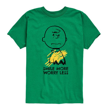 تي شيرت جرافيكي بأكمام قصيرة مطبوع عليه عبارة "ابتسم أكثر، قلق أقل" للأولاد - بينتس