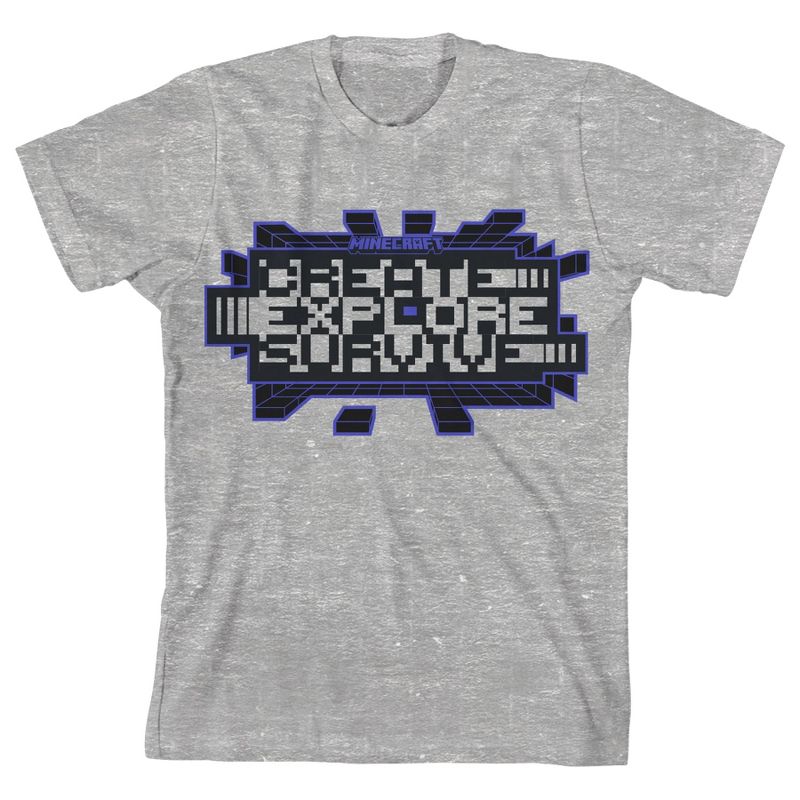 تي شيرت رياضي رمادي فاتح للأولاد من ماين كرافت، أنشئ، استكشف، نجا من تشوهات كلاش تريند جرافيك