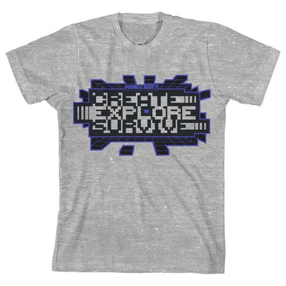 تي شيرت رياضي رمادي فاتح للأولاد من ماين كرافت، أنشئ، استكشف، نجا من تشوهات كلاش تريند جرافيك