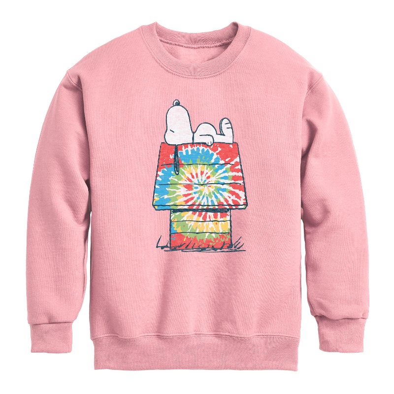 Boys' - Peanuts - Snoopy Tie Dye House Graphic Long Sleeve Fleece Sweatshirt