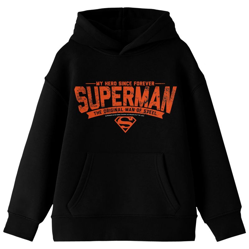 Superman My Hero Since Forever Long Sleeve Youth Black Hooded Sweatshirt