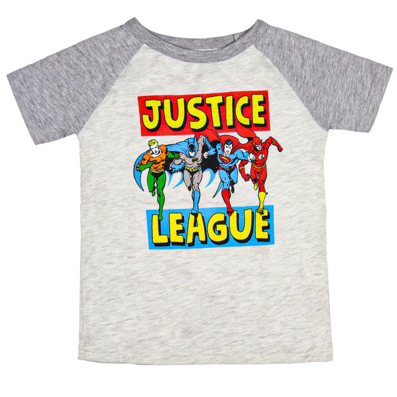 Seven Times Six DC Comics Boys' Justice League Superhero Lineup Collectible Raglan T-Shirt Grey