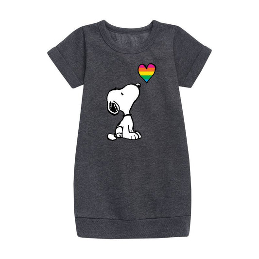 Girls' - Peanuts - Snoopy Rainbow Heart Graphic Short Sleeve Fleece Dress