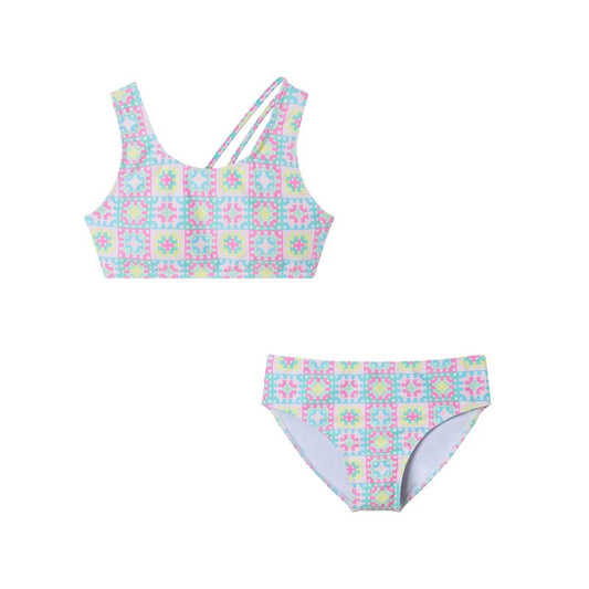 Andy & Evan  Kids  Pink Crochet Print Strappy Back Swimsuit