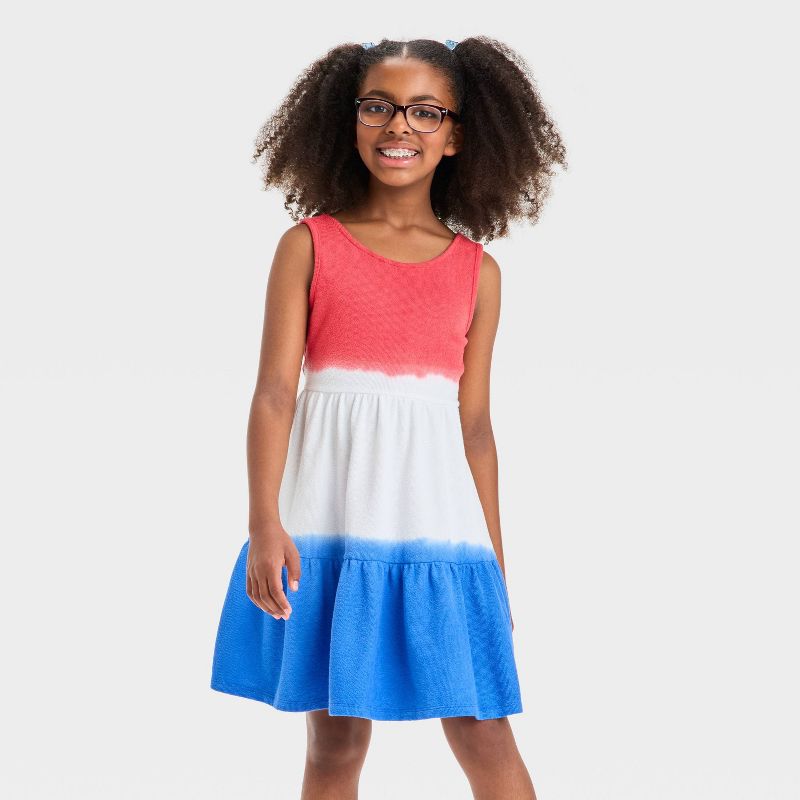 Girls' Sleeveless 4th of July Tie-Dye Terry Dress - Cat & Jack™ Red/White/Blue
