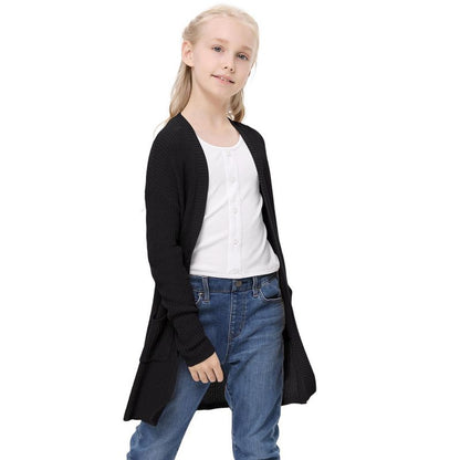 Girl's Open Front Cardigan Long Sleeve Knit Sweaters Kids Lightweight Cute Casual Loose Outerwear Coats with Pockets