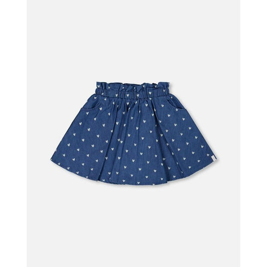 Deux par Deux Girl Printed Chambray Skort Navy Blue and White Hearts