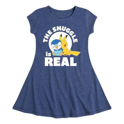 Girls' - Pokémon - The Snuggle Is Real Pikachu And Piplup Fit & Flair Cap Sleeve Dress