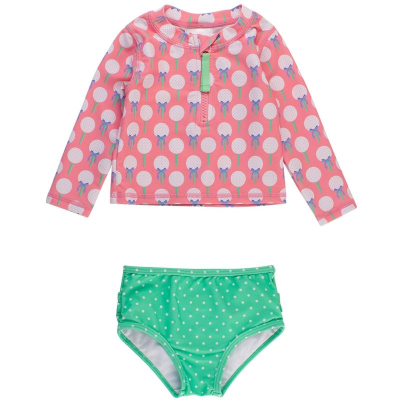 RuffleButts Baby/Toddler Girls UPF50+ Long Sleeve Zipper Rash Guard 2-Piece
