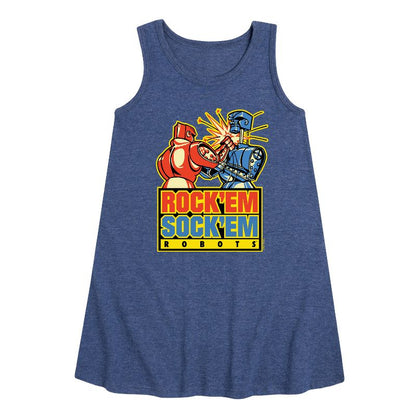 Girls' - Rock 'Em Sock 'Em Robots - Red Rocker, Blue Bomber Graphic Sleeveless Aline Dress