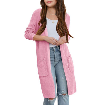Girl's Open Front Cardigan Long Sleeve Knit Sweaters Kids Lightweight Cute Casual Loose Outerwear Coats with Pockets