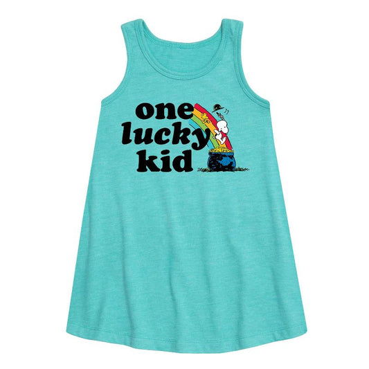 Girls' - Peanuts - One Lucky Kid Graphic Sleeveless Aline Dress