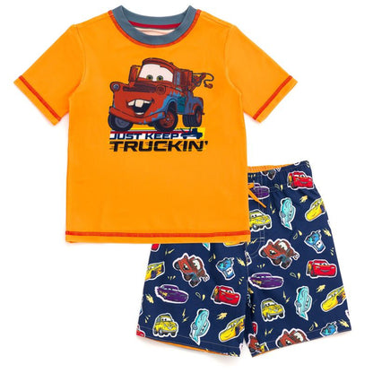 Disney Cars UPF 50+ Pullover Rash Guard and Swim Trunks Outfit Set Little Kid Sizes (2T - 7-8)