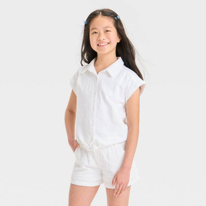 Girls' Short Sleeve 'Embroidered' Button-Down Shirt - Cat & Jack™ White