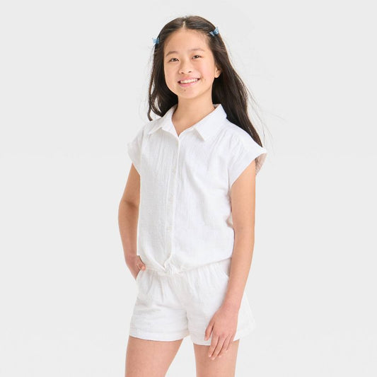 Girls' Short Sleeve 'Embroidered' Button-Down Shirt - Cat & Jack™ White